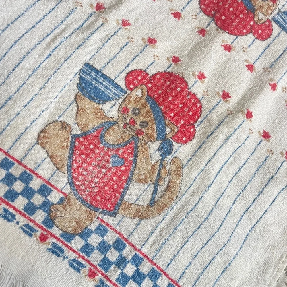 2 VTG CANNON Hand Kitchen Towel 70s NOS Cat Checkered heart cottage‎